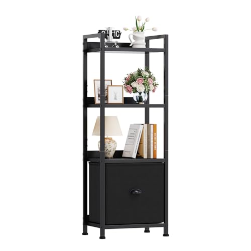 Image of DUMOS 4 Tier Bookshelf with Fabric Drawer, Industrial Bookcase, Narrow Display Standing Shelf, Wood and Metal Storage Shelf Organizer in Bedroom, Living Room, Black