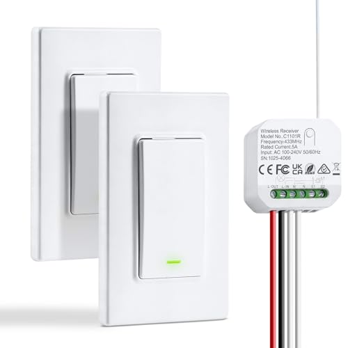 Wireless Light Switch and Receiver Kit No Battery Required No WiFi Needed No Wiring 150ft RF Range Remote Control for Ceiling Lights Led Lights and Lamps 2 Switches + 1 Receiver