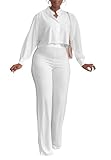 HBQ Women's 2 Piece Outfits Casual Tracksuit Long Sleeve Button Down Crop Top Wide Leg Long Pant Lounge Sets-S-White