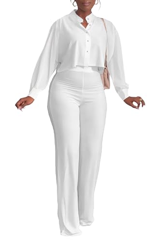 HBQ Women's 2 Piece Outfits Casual Tracksuit Long Sleeve Button Down Crop Top Wide Leg Long Pant Lounge Sets