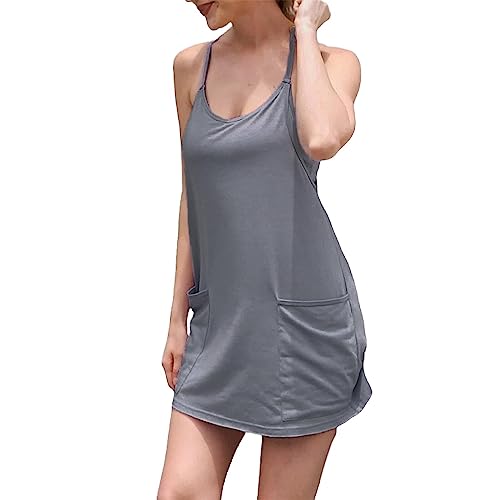 Image of UNIANKIYA Womens Workout Romper Dress with Shorts Underneath Sleeveless Spaghetti Straps Athletic Outfits Casual Vacation