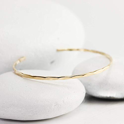 Thin Hammered Cuff In 14K Gold Fill; Delicate Handmade Stacking Bracelet For Women By Lotus Stone Design (Medium, Gold) #TOP1