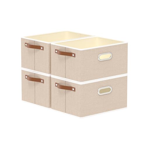 Yawinhe Fabric Storage Baskets, Foldable Closet Organizer for Shelves, Large Boxes with 3 Handles, Canvas Bins for Clothes, Beige 12.99''Lx9.05''Wx7.87''H, 4-Pack,SNK030BEXS-4