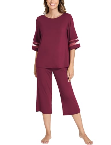 Image of GYS Bamboo Viscose Capri Pajamas for Women Set Cooling 3 /4 Sleeve Pjs