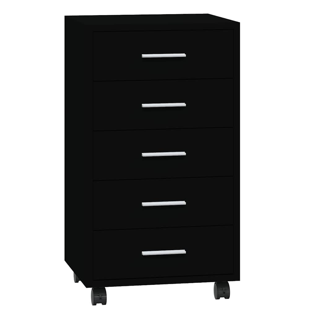 Cassettiera a rotelle nera, 33 x 38 x 63 cm, in legno, alluminio, 5 cassetti, flessibile, ufficio, studio, balcone, cameretta dei bambini