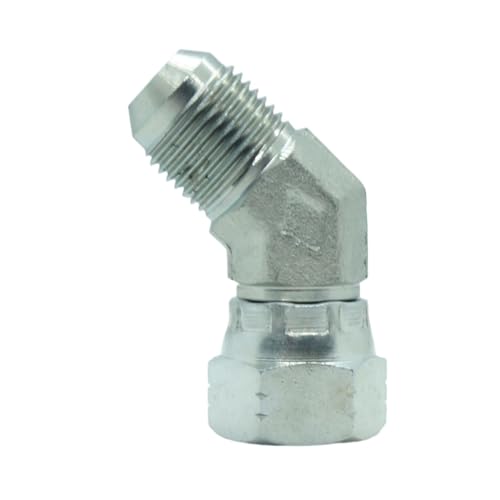 Image of 1 Piece Steel JIC Flare Tube Fitting, 45 Degree Elbow, 1 /2 inch Male JIC (3 /4 inch-16) x 1 /2 inch Female JIC (3 /4 inch-16) Swivel Tube OD