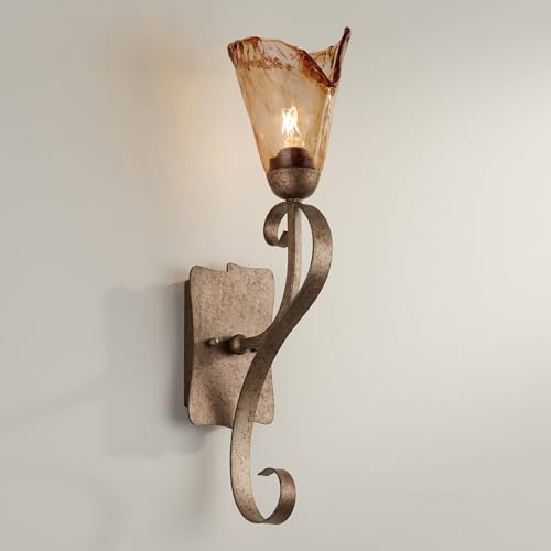 Image of Franklin Iron Works Amber Scroll Rustic Wall Sconce Lighting Golden Bronze Metal Hardwired 23 1 /2 inch High Fixture Amber Art Glass Cottage Core Decor for Bedroom Bathroom Bedside Home (Colors May Vary)