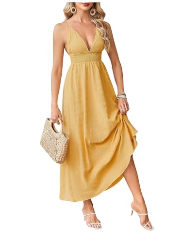 Image of Milumia Women's Summer V Neck Backless Maxi Dress Boho Spaghetti Strap A Line Flowy Beach Long Sundress