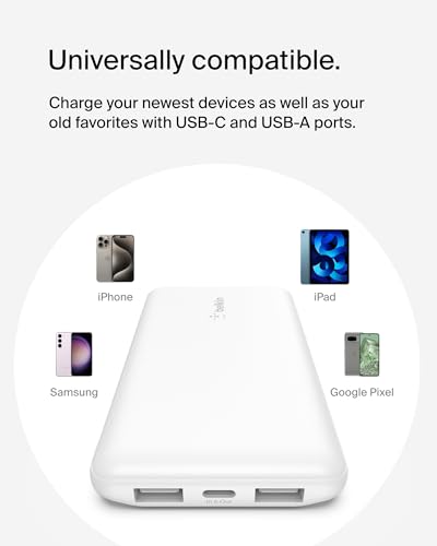 Image of Belkin Portable Charger, USB-C Power Bank 10000 mAh w / 1xUSB-C Port & 2xUSB-A Ports, 15W w /Type-C to Type-A Cable for iPhone 17, Samsung Galaxy S25, Nintendo Switch 2, Google Pixel 10, etc. - White
