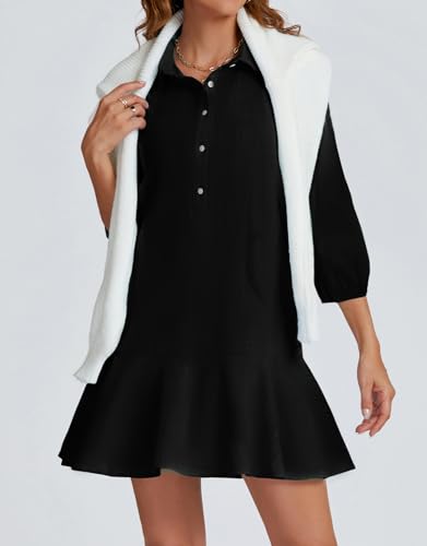 Image of YEXPINE Women Button Down Dress Casual 3 /4 Puff Sleeve Cotton Linen Dress Flowy Ruffle Hem Tunic Shirt Dresses