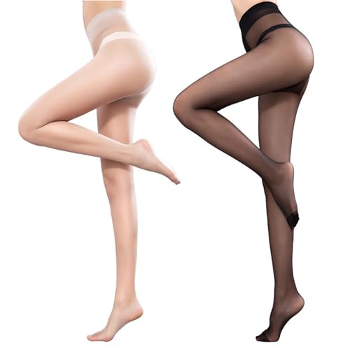 poraceous Pack de 2 Medias Mujer, Panty Sheer de Cintura Alta, 15 DEN Panty Reductoras Mujer, Medias Sin Puntera para Sandalias, Pantys Verano Mujers, para Fiestas, Cosplay (Negro + Desnudo)
