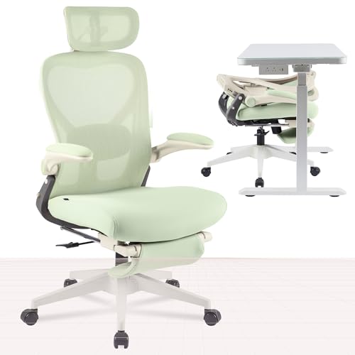 FLEXISPOT FoldeX Foldable Office Chair with Foot Rest, Adjustable Headrest, Flip-Up Arms & Lumbar Support – Space-Saving Ergonomic Mesh Desk Chair for Small Home Office, Green