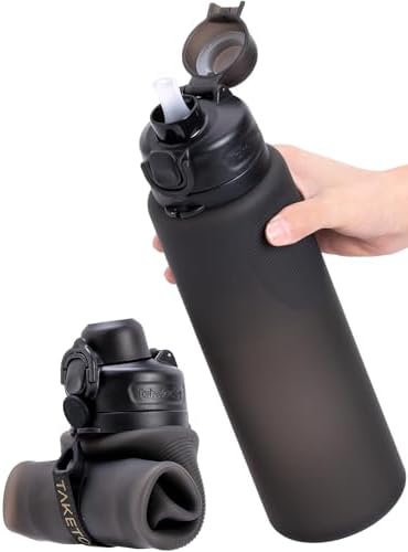 TakeToday Collapsible Water Bottles 32oz, Foldable Travel Bottle, TSA-Approved Leakproof Newly Silicone Water Bottle for Hiking, Travel, Outdoors, Black