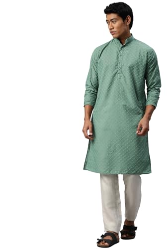 Image of Majestic Man Men's Cotton Blend Regular Fit Casual Polyester Mandarin Collar Ethnic Motifs Embroidered Long Regular Kurta