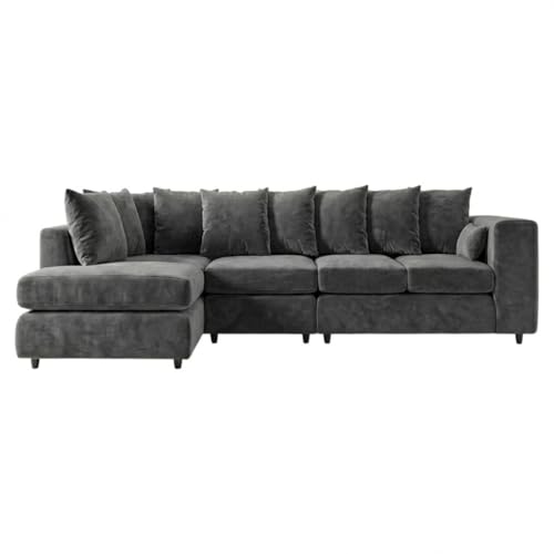 Sofa Nook 5 Seater Corner Sofa with Scatter Back, Plush Velvet Fabric – Soft, Cushioned Living Room Couch Left Hand Facing XL - Charcoal Grey