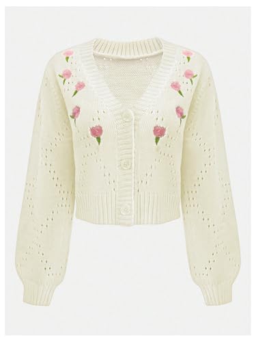 Image of MakeMeChic Women's Floral Embroidery Sweater Cardigan Button Down Long Sleeve Crop Outerwear
