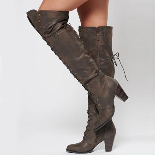 Forever Women's Chunky Heel Lace Up Over-The-Knee High Riding Boots,Brown,8.5 by Forever - Used condition - Image 3