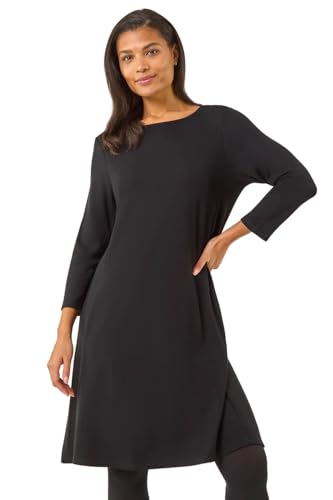 Roman Originals Women A-Line Pocket Detail Swing Dress - Ladies 3/4 Sleeve Casual Longline Tunic Fit and Flare Workwear Daywear Front Pocket Knitted Jersey Dress - Jet Black - Size 20