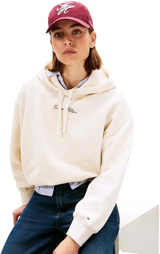 Tommy Hilfiger Damen Hoodie Classic Script Fleece mit Kapuze, Elfenbein (Heather Oatmilk), M
