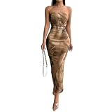 LIGHT DOT Women's Summer Dress Printed Strapless Tube Dress Bodycon Long Dress Side Slit Mesh Layered (Brown,S)