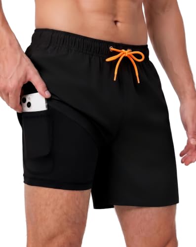 Roxdme Mens Swim Trunks with Compression Liner Quick Dry Beach Shorts with Zipper Pockets Black-r1-681-XL