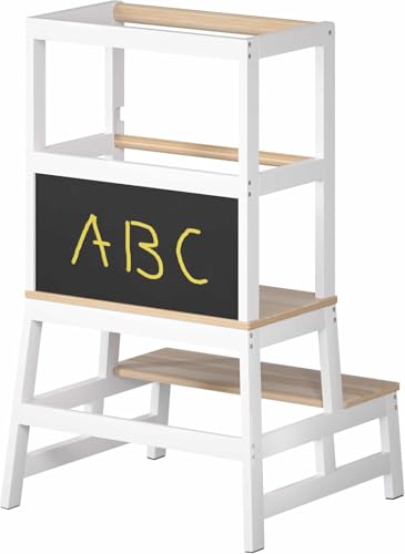 Spielwerk® Step Stool with Chalkboard & Eraser | 100 KG Weight Capacity | Safety Rail | Kitchen Foot Stool | Toddler Toys | Learning Tower for Home and Kitchen | 93 x 51 x 50cm | White