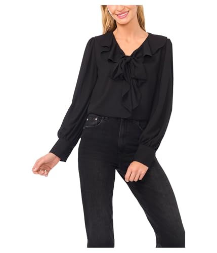 CeCe, Womens, Long Sleeve Ruffle Tie Neck Top, Rich Black, Medium