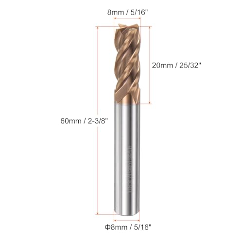 Image of HARFINGTON Micro Grain Carbide Square End Mill 5 /16 inch x 25 /32 inch (8mm x 20mm) Cut 5 /16 inch (8mm) Shank 2-3 /8 inch (60mm) Length AlTiN Coated 4 Flutes Square Nose Cutter for Alloy Steel Hardened Steel