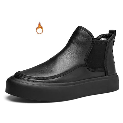 Image of Men's Leather Platform Chelsea Boots Round Toe Comfortable Fur Lined Elastic Slip-On Casual Ankle Boots Mid-Top Business Work Dress Booties