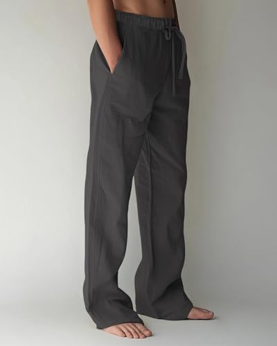 PIDOGYM Men's Linen Pants Beach Casual Cotton Summer Lightweight Elastic Waist Drawstring with Deep Pockets2