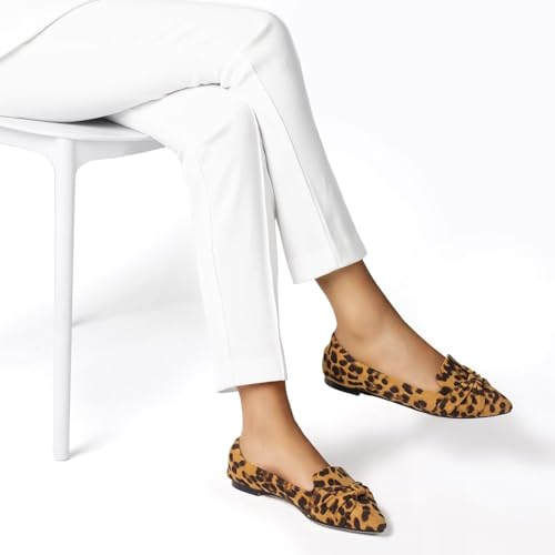 MUSSHOE Flat Shoes Women Comfortable Pointed Toe Slip on Women's Flats,Leopard Suede 6 6