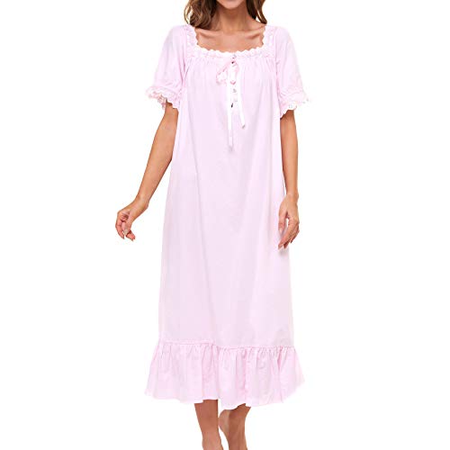 Image of Lu's Chic Women's Victorian Nightgown Cotton Sleepwear Long Loungewear Short Sleeve Vintage