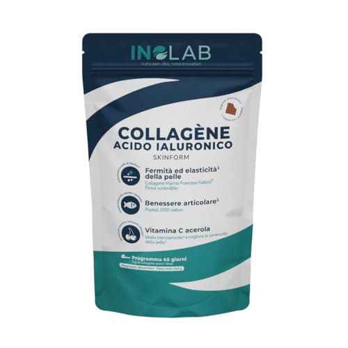 INOLAB collagene marino con acido ialuronico | Peptidi di Collagene idrolizzato 2000 Da | Collagene da bere in Polvere con Vitamina C Naturale | 45 Dosi | Aroma naturale (242g, Cioccolato)