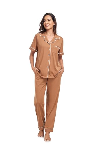 Image of COLORFULLEAF Women's 100% Cotton Pajamas Set Button Down Sleepwear Short Sleeve Shirt and Long Pants Soft Ladies Lounge Sets