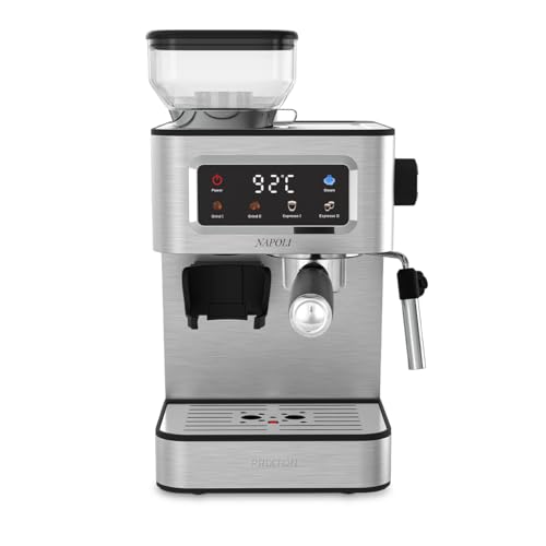 PRIXTON Cafetera Espresso Napoli con Molinillo Integrado 22 Niveles, 20 Bares, 1350W, Filtro de Doble Salida, Vaporizador ajustable, Compatible con Café en Grano, Molido y Cápsulas