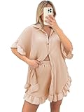 Zaif & Hari Womens Casual Ruffle Frill Pleated Gold Button Shirt and Short Set Ladies Summer Frill Cycling Shorts 2 piece shorts set women Co ord Sets UK-Beige