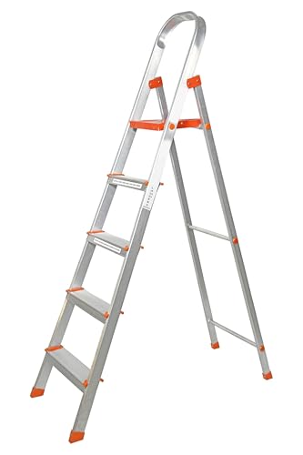 Image of Casa Copenhagen Designed in Denmark, 5-Step Foldable Aluminium Ladder Laser Cut with Super Advance Sure-Hinge Technology,7 Years Warranty - Neon Orange