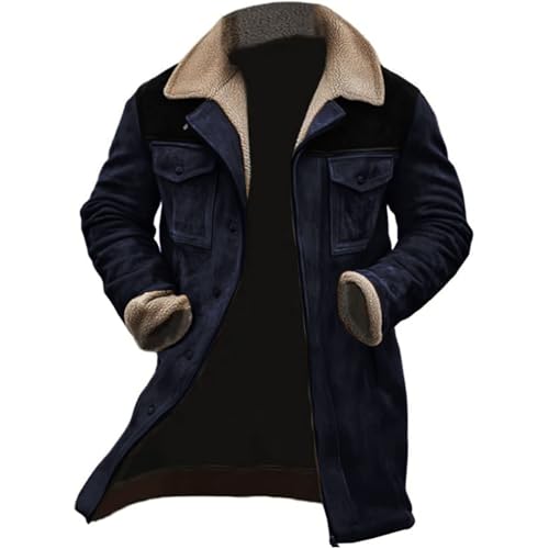 Vintage Suede Pocket Plush Reversed Collar Mens Outdoor Jacket Coat Retro Fashion Tops Warm Winter Shacket Outerwear