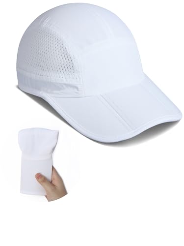 Boné de beisebol dobrável UPF50+, não estruturado, leve, respirável, com aba estendida para atividades esportivas ao ar livre, Branco, Tamanho Único