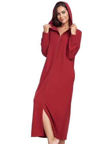 Image of COLORFULLEAF Womens Fleece Dressing Gown with Hooded, Long-Length Zip Up Housecoat with Pockets oft Warm House Coat for Winter(Wine Red,XL)