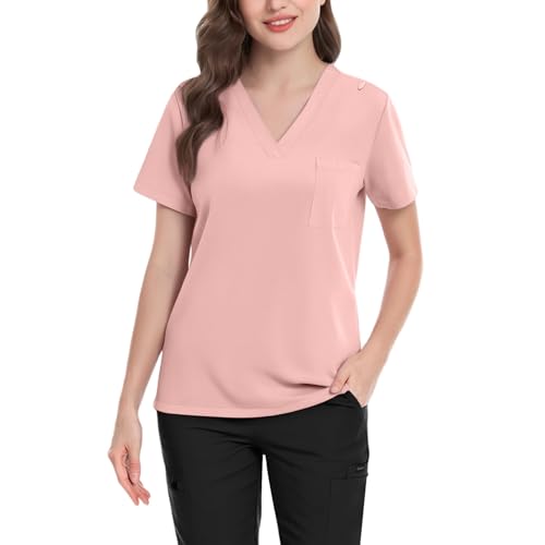 Image of FONMA Scrub Tops Women Plus Size Stretchy V-Neck Scrub Shirts with 4 Pockets Breathable Short Sleeve Nurse Uniforms