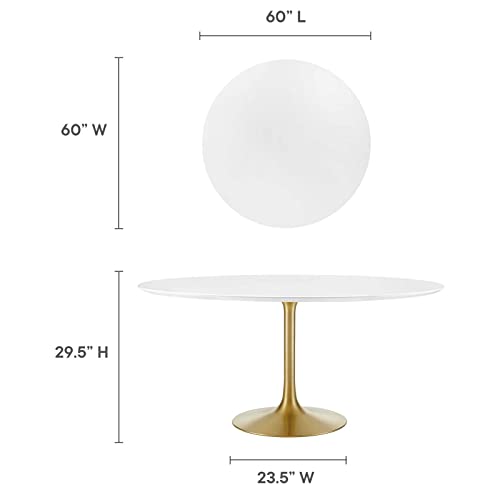 Image of Modway Lippa 60 inch Mid-Century Modern Dining Table with Round White Top and Pedestal Base in Gold White