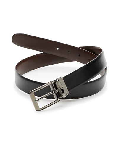 Perry Ellis Men's Portfolio Reversible Leather Belt, Matte Finish, Shine Buckle, Two-Tone Black/Brown, 1.5” Width