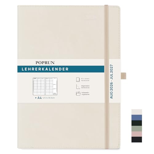 POPRUN Lehrerkalender 2026 2027 A4 auf Deutsch - Lehrerplaner 26/27 für die Unterrichtsvorbereitung mit Monatliches Register. Schulplaner mit PU-Leder Hardcover für Lehrerinnen und Lehrer (Beige)