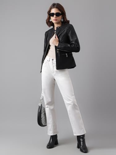 Image of Latin Quarters Women's Black Biker Collared Casual Solid Jacket