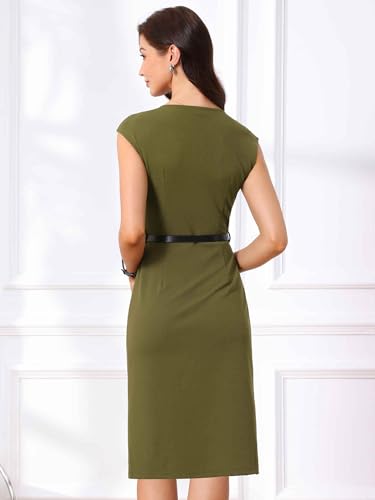 Image of Allegra K Business Dress for Women's Work Elegant 2026 Cap Sleeve Belted Office Sheath Dresses