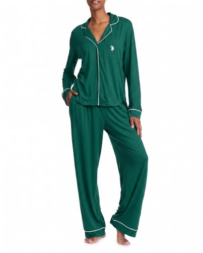 Image of U.S. POLO ASSN. Womens Lightweight Notch Collar Pajama Set | Classic Button Down Pajamas for Women with Long Sleeve Top and Pajama Pants