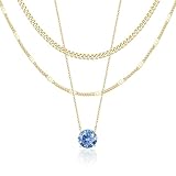 WomenGifts December Created Blue Topaz (Sky Blue) Layered Necklace Set, 14K Gold Plated Birthstone Pendant with Choker Cuban Link & Satellite Chain, Personalized Jewelry Gift