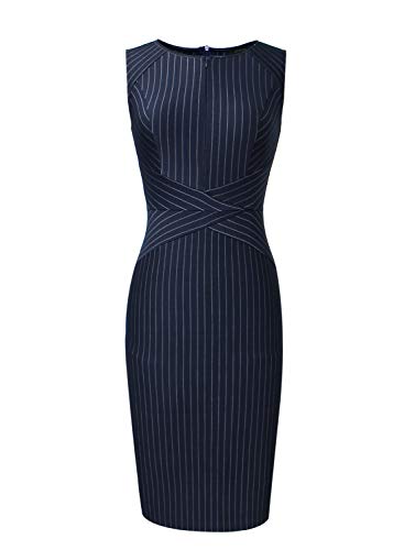 Vfshow Womens Elegant Navy Blue And White Striped Cocktail Party Slim Zipper Up Work Business Office Sheath Dress 2619 Blu M #TOP3
