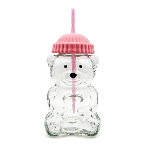 Krewchton Glass Bear Cup Bear Cup with Straw 500ml Reusable Bear Glass Tumbler with Lid for Iced Coffee Milk Tea and Cocktails Dishwasher Safe(Pink)